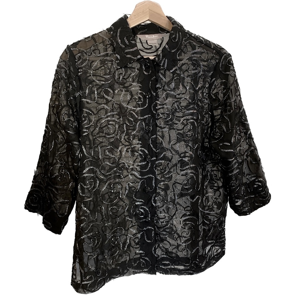 Sheer Black Button Down Patterned Shirt